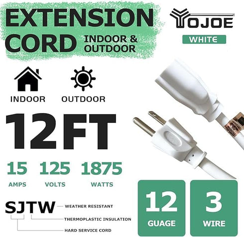 YOJOE 12/3 12 ft White Outdoor Extension Cord - 12 Gauge Heavy Duty SJTW 3 Prong Waterproof for Gardening