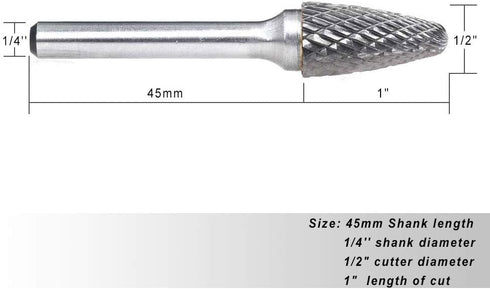 SF-5 Tungsten Carbide Burr Tree Shape Radius End Double Cut Rotary Burr File, 1/2” Cutter Dia X 1” Cutter Length