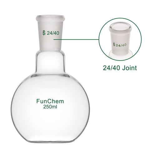 Single Neck 1 Neck Glass Lab Flat Bottom Boiling Flask, 250 ml, 24/40 Standard Taper Outer Joint