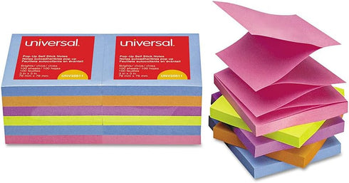 Universal UNV35611, 100 Sheet 3 in. x 3 in. Fan-Folded Self-Stick Pop-Up Note Pads, Assorted Bright Colors (12/Pack)