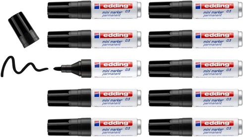 edding 0.5 Mini Permanent Marker, Black, 10 Marker Pens, Fine Round Nib, Waterproof, Quick-Drying, Smudge-Proof
