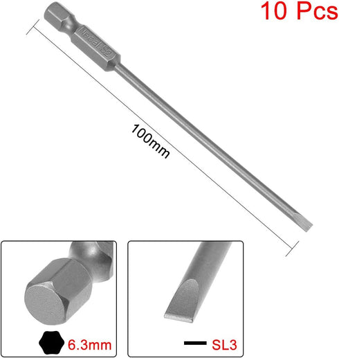 uxcell 10 Pcs 3mm Slotted Tip Magnetic Flat Head Screwdriver Bits, 1/4 Inch Hex Shank 4-inch Length S2 Power Tool by uxcell