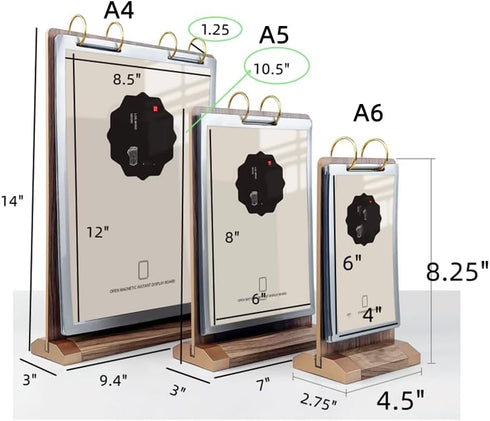 Rikyo A5 10 Pages-20 (6x8") Walnut Wood Sign Holder Vertical Table Card Flip Display Sides,T Double Sided Flyer Display