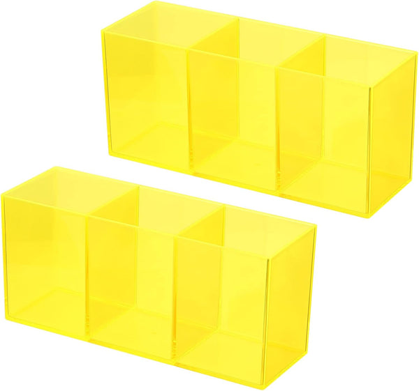PATIKIL 3 Compartments Clear Acrylic Pen Holder, 2 Pack Pencil Organizer for Countertop Desk, Yellow