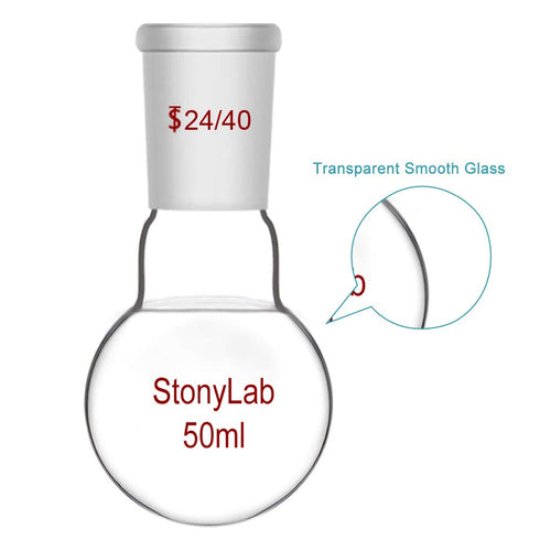 StonyLab 50ml Short Neck Round Bottom Flask, Borosilicate Glass Heavy Wall RBF with 24/40 Taper Outer Joint