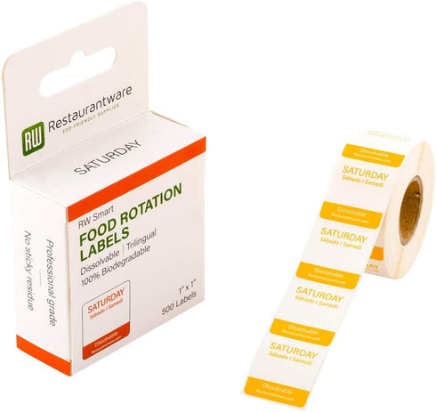 Restaurantware RW Smart 1 Inch x 1 Inch Food Rotation Labels, 500 Dissolvable Premium Trilingual Orange Paper Labels