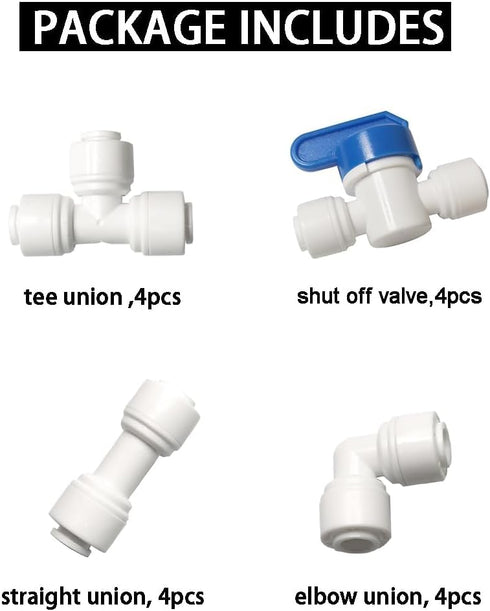 Push to Connect Water Filtration Line Tube Pipe Fittings, 1/4" O.D. Tube Quick Connector, 16pcs
