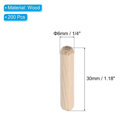 PATIKIL 1/4 Wooden Dowel Pins, 200 Pcs M6x30mm Hardwood Pegs for Crafts, Furniture, and Door Art