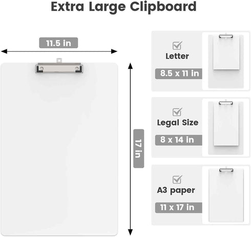 Extra Large 11x17 Clipboards Set of 6 - Plastic Drawing Boards with Low Profile Clip for Drawing, Sketching, Art