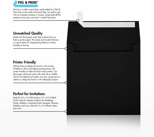LUX Paper Square Invitation Envelopes for 5 3/4 x 5 3/4 Cards, 80 lb. Midnight Black, 250 Pack