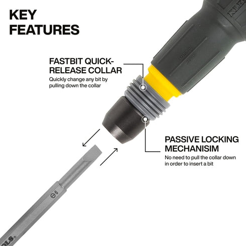 32960A #2 6 mm 1/4-Inch Klein Tools Fastbit Tru-Grip Screwdriver, Ball-Style Handle with Quick-Release Collar, Phillips