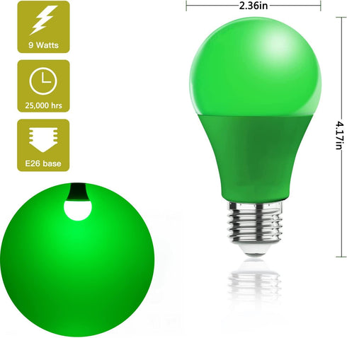 4 Pack LED Green Light Bulbs - A19 9Watts with E26 Base 60w Equivalent LED Green Bulb for Wedding Halloween Christmas Party Bar Decor, Porch, Home/Holiday Lighting, Decorative Illumination Green Bulb by U4GLORY