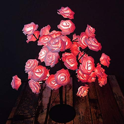 LenoRis 24 Table Lamp Rose Flower Desk Tree Lamp with Warm White LED Lights USB/Battery Operated Gift for Women Teens