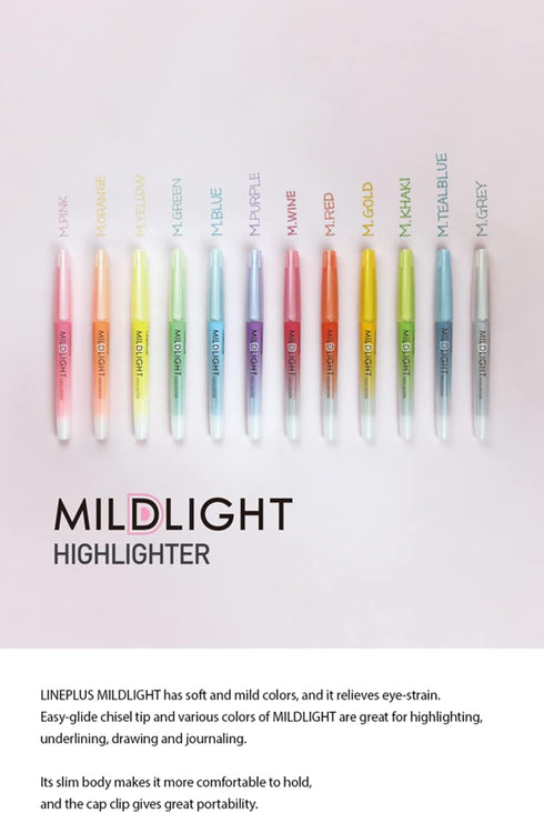LINEPLUS Mildlight Highlighter Cool 6-Color Set, Soft Pastel Colors for Note-taking and Studying