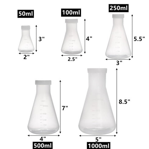 Peohud Set of 10 Scientific Plastic Erlenmeyer Flasks with Screw Caps - Lab Flask Set (50ml, 100ml, 250ml, 500ml, 1L)