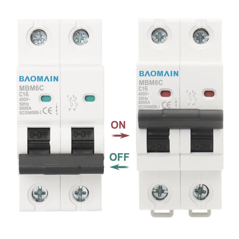 Baomain 16A AC Miniature Circuit Breaker AC 400V 50Hz 6000A 2 Pole C65 MCB DIN Rail Mounting MBM6C