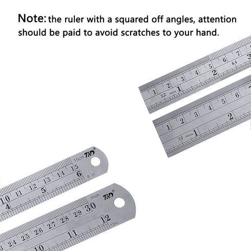 ZZTX Heavy Duty 100% Stainless Steel Ruler Set, 12 Inch + 6 Inch Metal Rulers Kit for Easy Measurements
