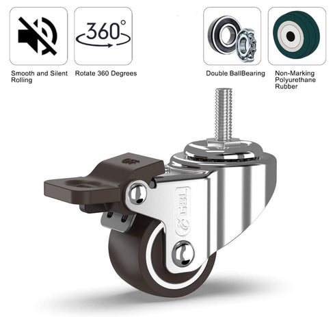 GBL 1" Small Caster Wheels with 2 Brakes + Screws M6x15mm - Set of 4, 90Lbs Low Profile Silent Casters