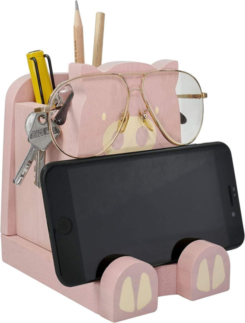 Wood Multipurpose Eyeglass Phone Pen & Pig Pencil Holder, Desk Box Organizer Accessories Decor, Home Office Desktop