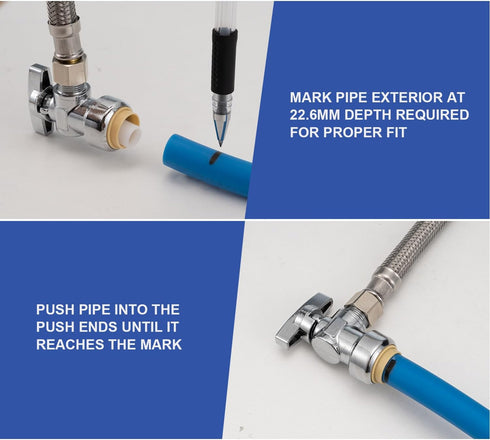 Toilet Water Supply Line Kit, 1/4 Turn 1/2 Inch Angle Push Fit Stop & 12" Stainless Steel Flexible Connector