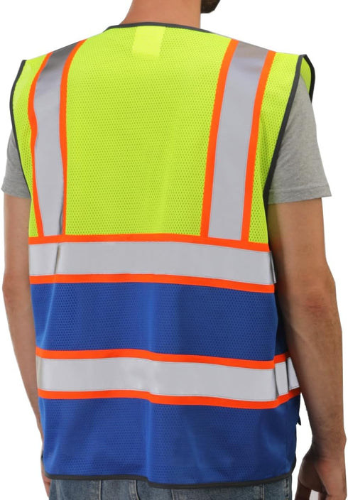 Reflective Mesh Vest High Visibility Two Tone with Pockets and Zipper, Yellow and Blue Mesh with Orange Trim M