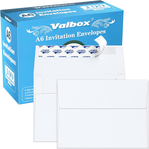 ValBox 100 Qty A6 Envelopes Self Seal - 6.5 x 4.75" White Kraft Paper Invitation Envelopes for Cards, Photos, Weddings