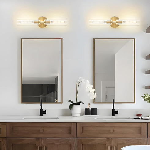 2-Light Lanhall Brushed Brass Gold Bathroom Light Fixtures Over Mirror Modern Vanity Light Wall Lighting with Clear