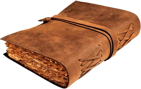 Buff Leather Deckle Edge Paper Journal, 200 Pages, Unlined, Dark Brown, 7"x5", Antique Scrapbook, Grimoire, Fantasy