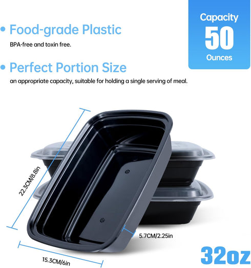 Meal mates 50 Pack (100-Piece) 32oz,Plastic Meal Prep Containers Reusable Food Storage Containers with Lids,Take Out