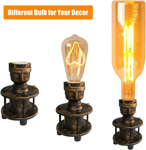 INJAK Room-E26 Bulb Steampunk Table Lamp Base Metal Brown Golden Small Desk Lamps Industrial Pipe End Table Lighting