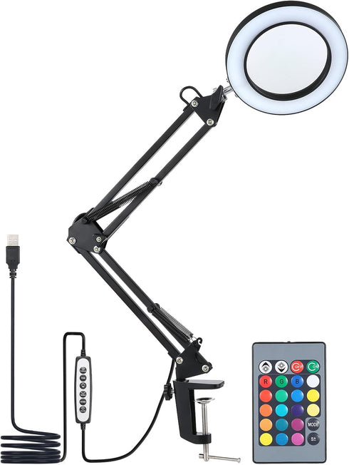 C5V 2A 8W 80LEDs 5X 10 Dimmable 3 Dioche D Desk Light with Magnifier - Flexible Swing Arm Clampon Table Lamp with USB
