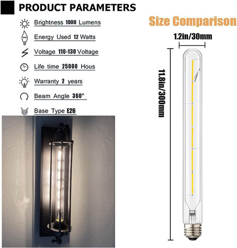Leools T300 Dimmable LED Tubular Bulb 6W, Long Tube Vintage Filament Bulb, 60W Equivalent, 4000K Daylight, 4 Pack