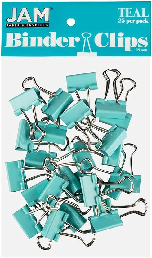 JAM PAPER Colorful Binder Clips, Small 3/4 Inch Teal Binderclips, 25/Pack
