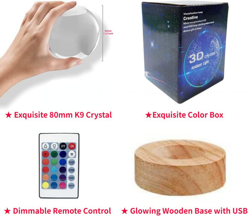 DIGFPWT 3.15 Inch K9 16 Crystal Ball Panda Family Night Light, Crystal Glass Ball, Color Change with Remote Control