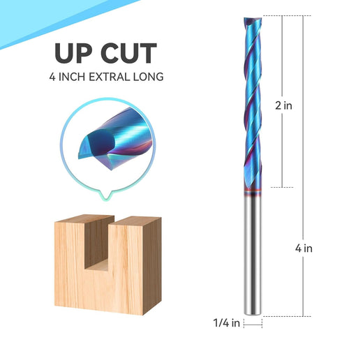 1/4 Inch HQMaster Extra Long Spiral Router Bit Upcut Shank Solid Carbide CNC Router Bit with Nano Blue Coating CNC Bits