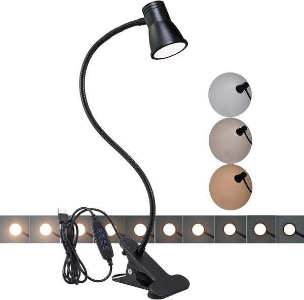 3W 5V USB Portable LED Clip Desk Lamp, 3 Colors Changeable, Adjustable 15" Arm for Reading