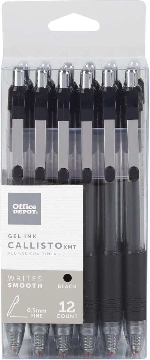 Office Depot Soft-Grip Retractable Gel Pens - Extra-Fine Point, 0.5 mm, Transparent Black Barrel, Pack of 12