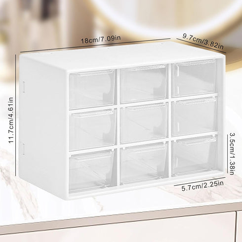 Qivine 2Pcs Small Drawer Organizers, Acrylic Desktop Organizer with 9 Clear Drawers for Office Supply Storage, White