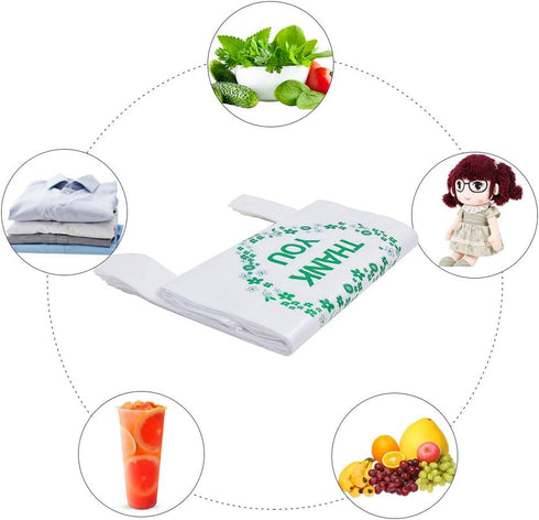 LazyMe Thank You T Shirt Bags, White Plastic Grocery Bags with Handles, 12 x 20 inch (50 pcs)