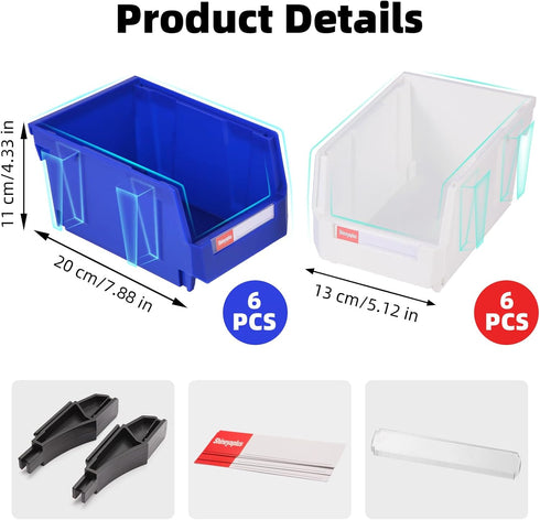12 Pack (7x5x4 Inch), Stackable Storage Bins Plastic Stackable Storage Organizer Bins Wall Mounted Hanging Small Parts