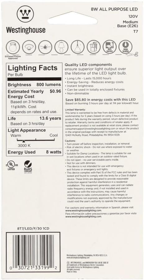 Westinghouse 3319920 60-Watt Equivalent T7 Bright White LED Light Bulb, Medium Base, 4 Count