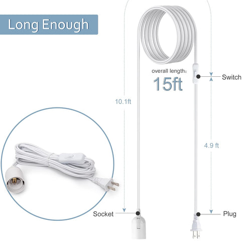 2-Pack 15Ft 360W E26 E27 JACKYLED Extension Hanging Lantern Cord Cable UL with Socket On/Off Button Pendant Lighting