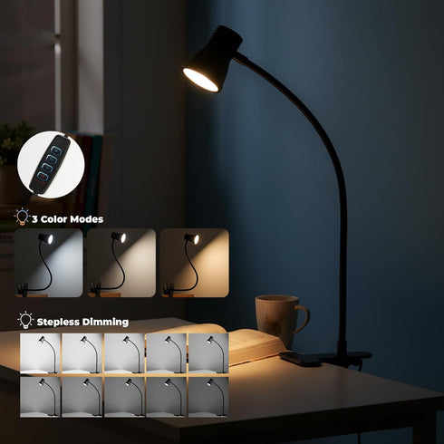 3 10 360 Eye-Caring Clip On Desk Lamp, Color Modes & Brightness LED Reading Light with Clamp, Rotatable Gooseneck