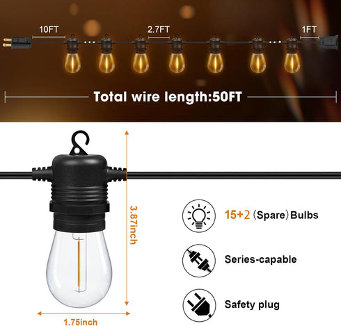 50ft 17 (2 E12 Bulbs 2700K Outdoor String Lights Waterproof, Patio String Ligths for Outside with Spare) Replaceable