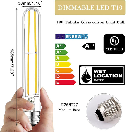 7.3 Inch E26 Led Bulb 60 watt Dimmable,3000K Warm White Edison Bulbs,6W Tubular T10 Long Clear Glass Light Bulb for Rustic Pendant,Industrial Pipe,Wall Sconces,Chandeliers(4 Pack) by NOVELUX