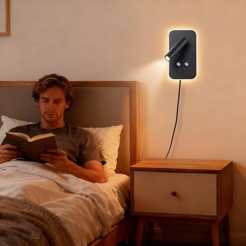 AWEKLIY Dimming, 3000K Wall-Mounted LED Bedside Reading Light Plug-in, with USB Charging Port, Stepless Touch Warm