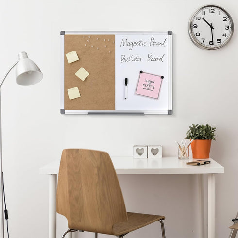 Dry Erase Board Cork Board Combo, 24"x18", Magnetic White Board and Bulletin Pin Board, Silver Frame