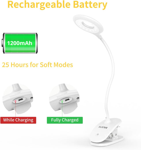 Clip on Light for Bed & Desk, Flexible Gooseneck, Battery Operated Rechargeable Clamp Lamp for Reading in Bed