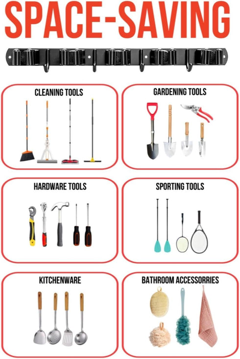 Upgraded Mop and Broom Holder Wall Mount, 5 Racks 4 Hooks, Stainless Steel Organizer for Closet, Garage, Kitchen