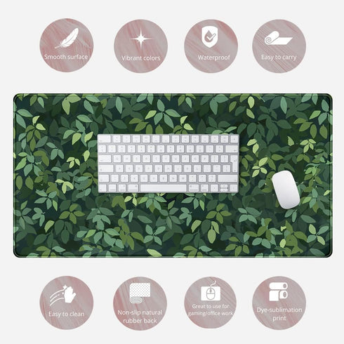 Cute Cat Mouse Desk Pad - Kawaii Green Desk Mat, Large Gaming Mouse Pad for Computer Office, Non-Slip Base, Stitched